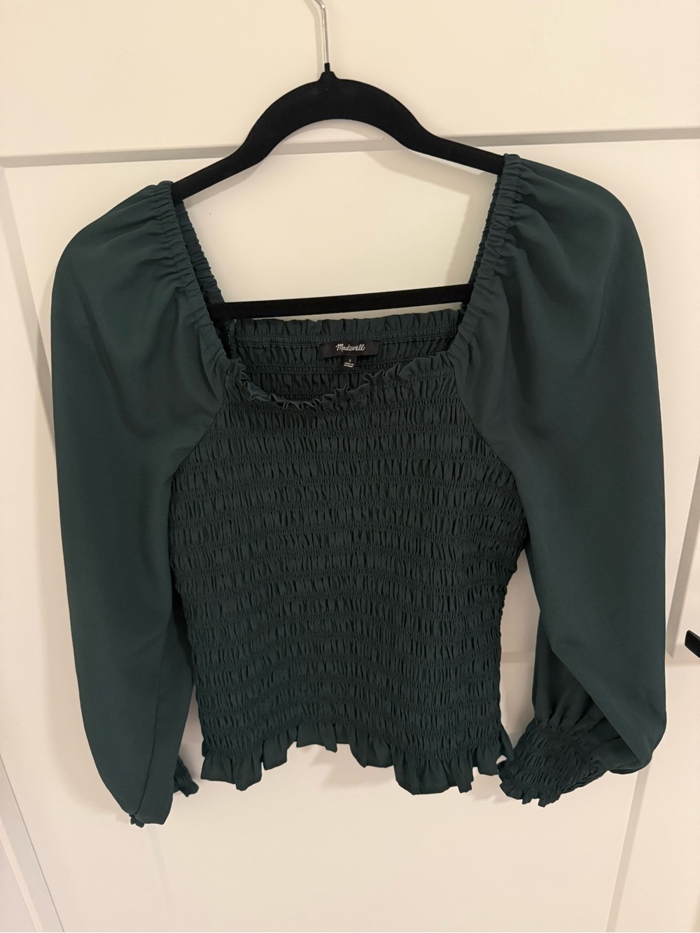 Madewell Dark Green Smocked Square Neck Puff Sleeve Blouse Size Small